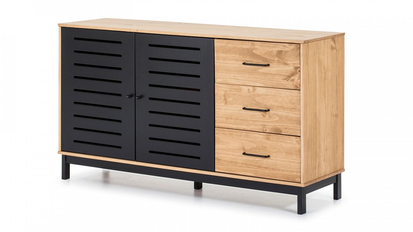 Buffet 2 portes 3 tiroirs bois ciré / noir 141 cm - Rosa