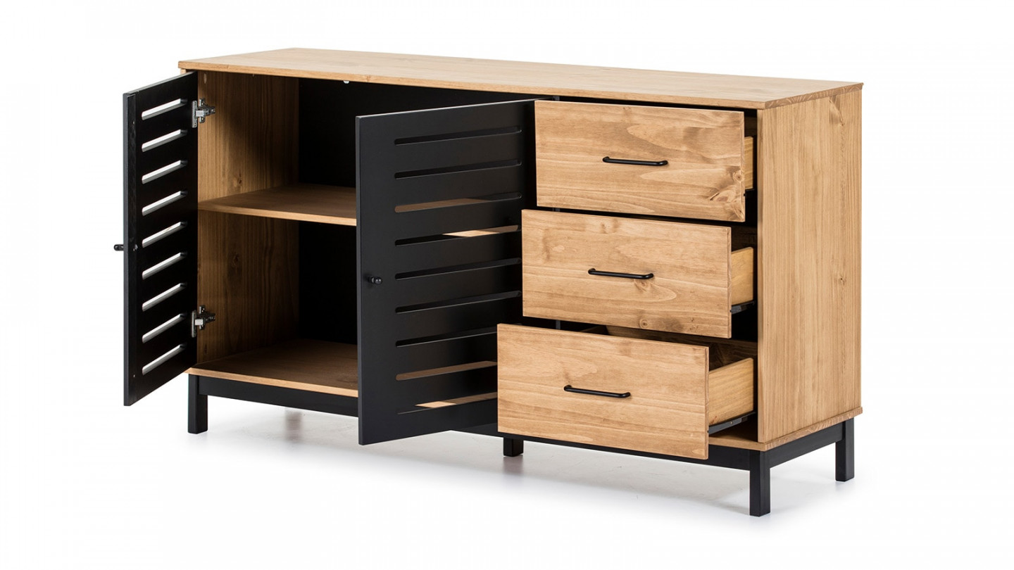 Buffet 2 portes 3 tiroirs bois ciré / noir 141 cm - Rosa