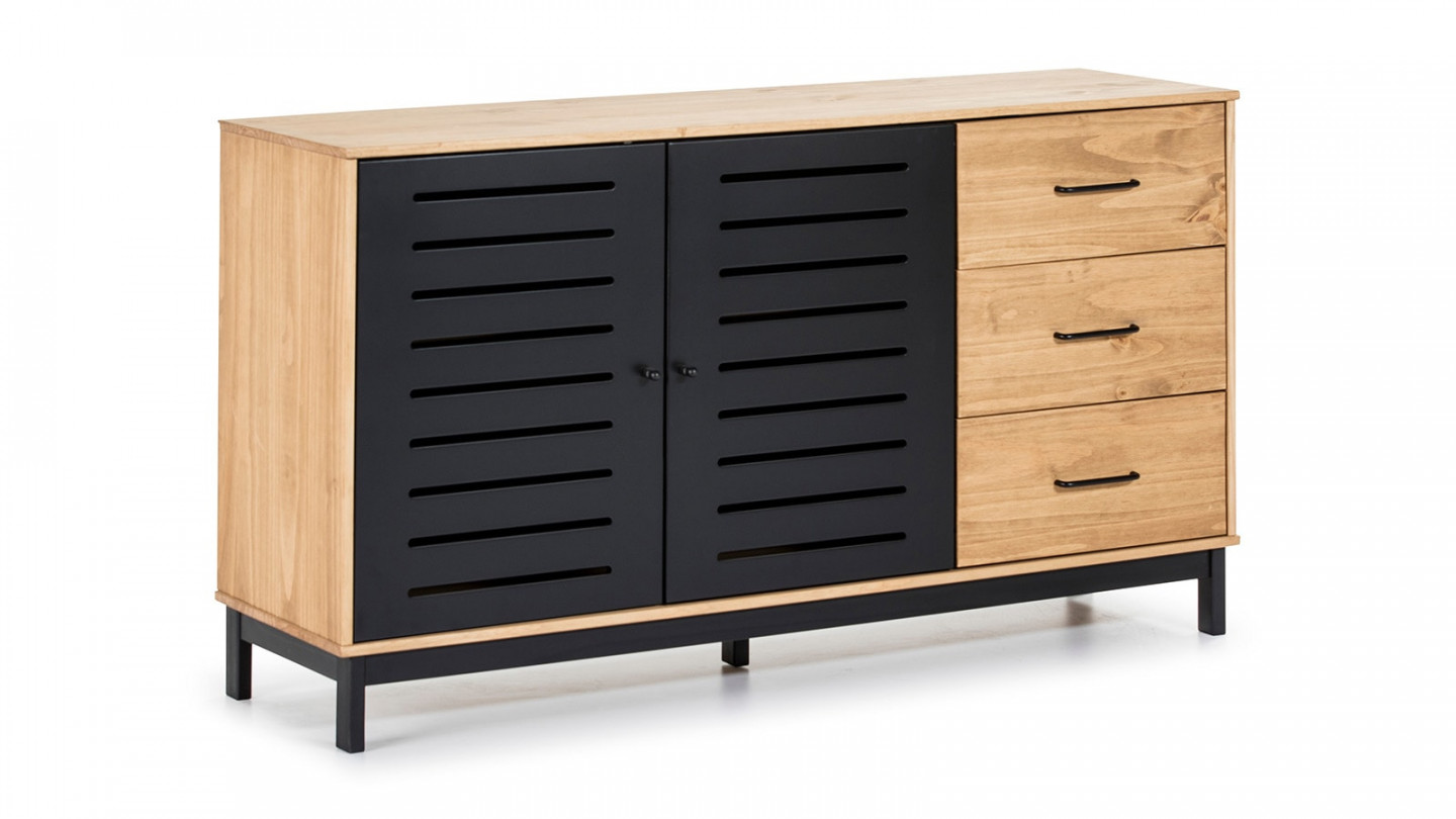 Buffet 2 portes 3 tiroirs bois ciré / noir 141 cm - Rosa