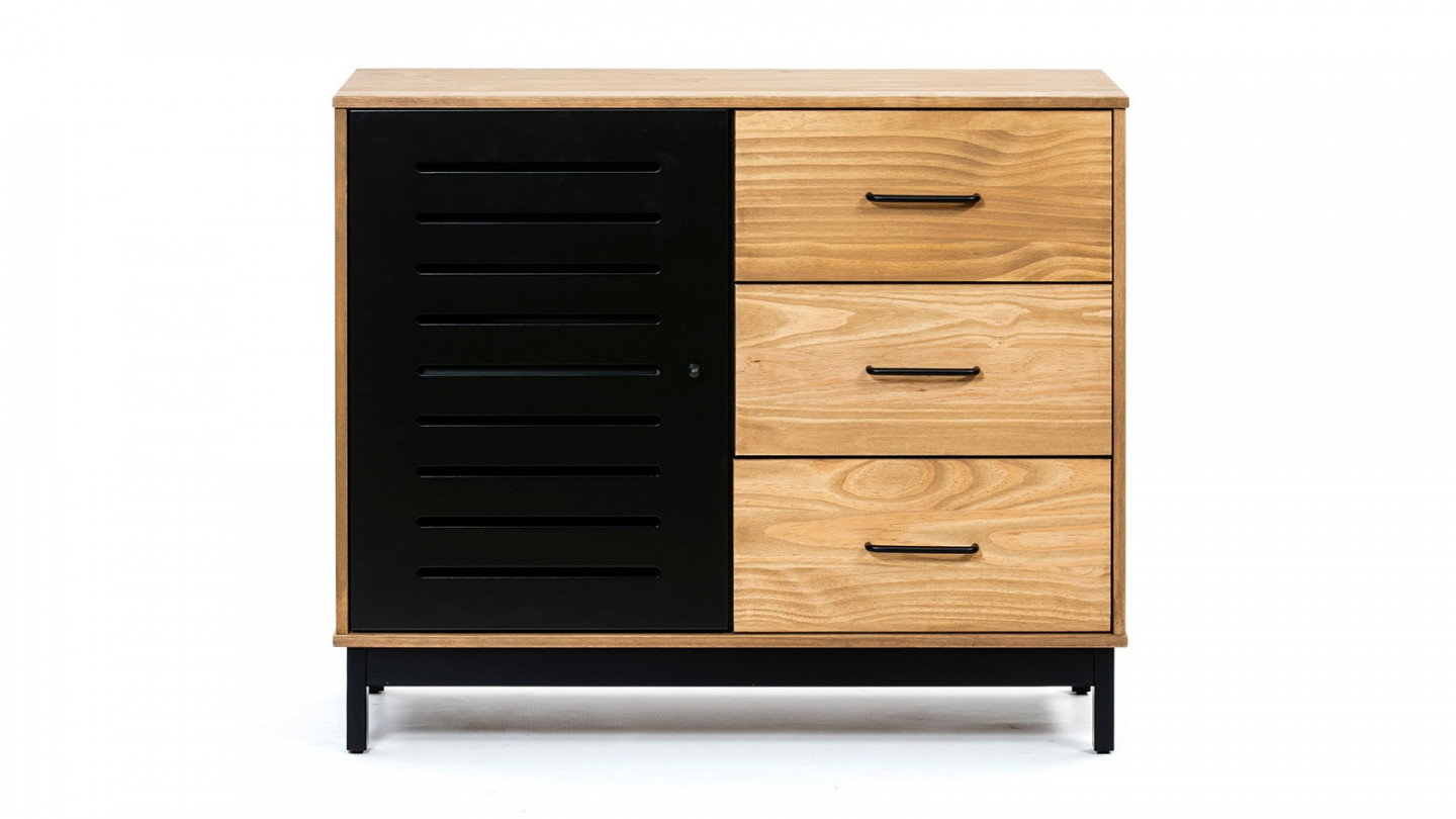 Buffet 1 porte 3 tiroirs bois ciré / noir 95 cm - Rosa