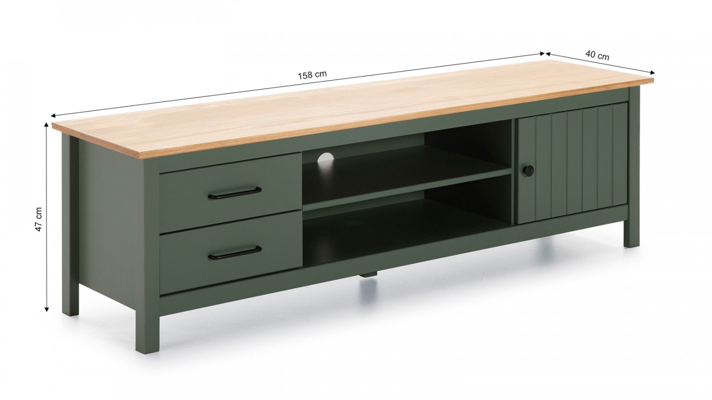 Meuble TV 1 porte 2 tiroirs bois ciré / vert 158 cm - Ida