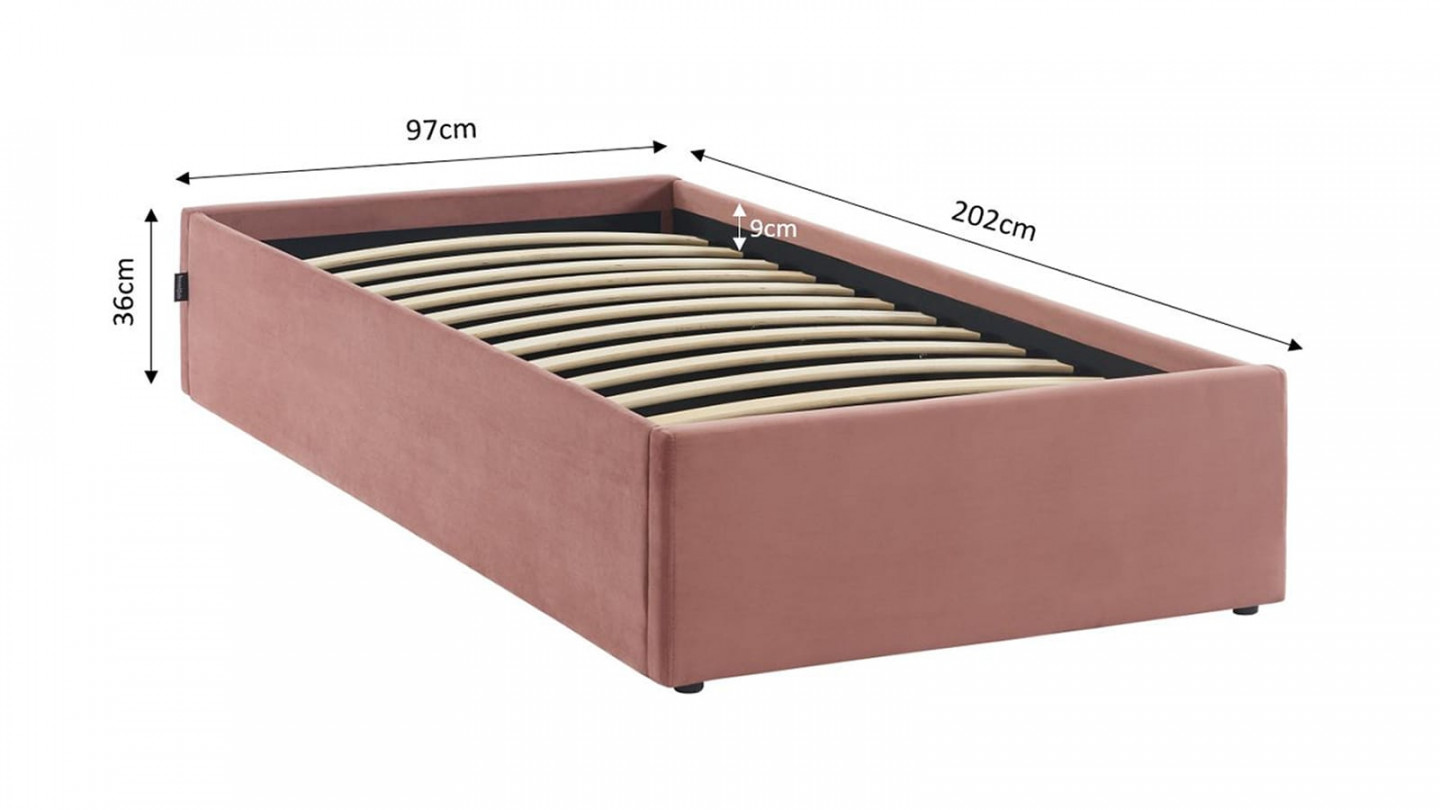 Lit coffre 90x190cm en velours rose + sommier à lattes - Handy