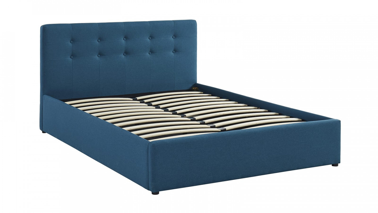 Ensemble lit coffre Tina en tissu bleu canard 140x190cm + Matelas mousse Clean Confort 19 cm