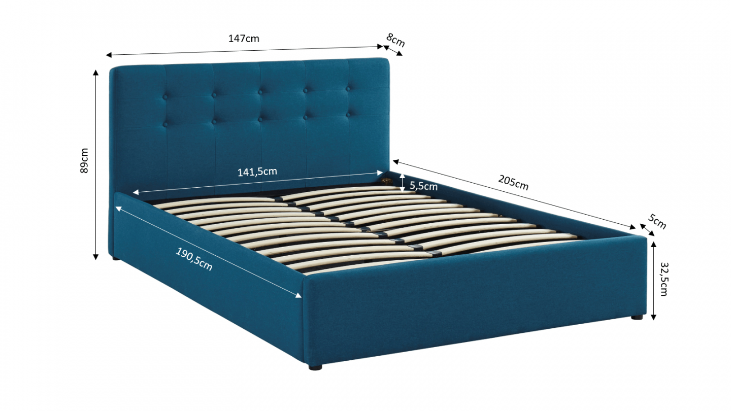 Ensemble lit coffre Tina en tissu bleu canard 140x190cm + Matelas mousse Clean Confort 19 cm