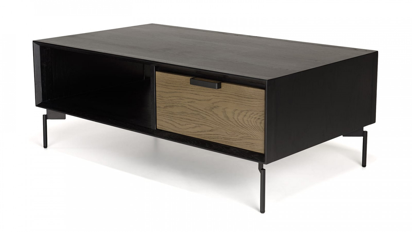 Table basse noire 1 niche 2 tiroirs marron foncé pieds métal ALMA