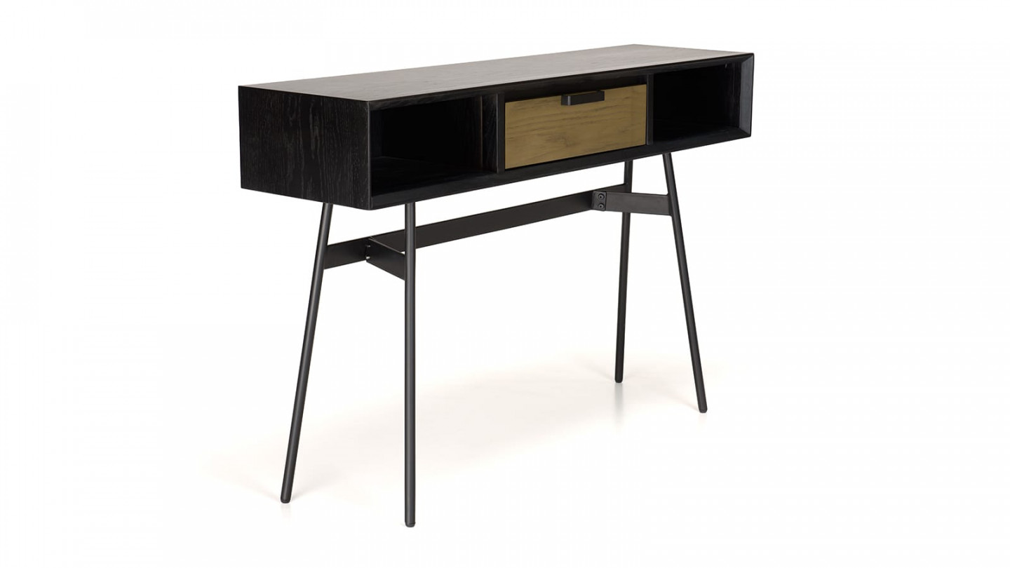 Console noire 130x35cm 2 niches 1 tiroir marron pieds métal noir ALMA