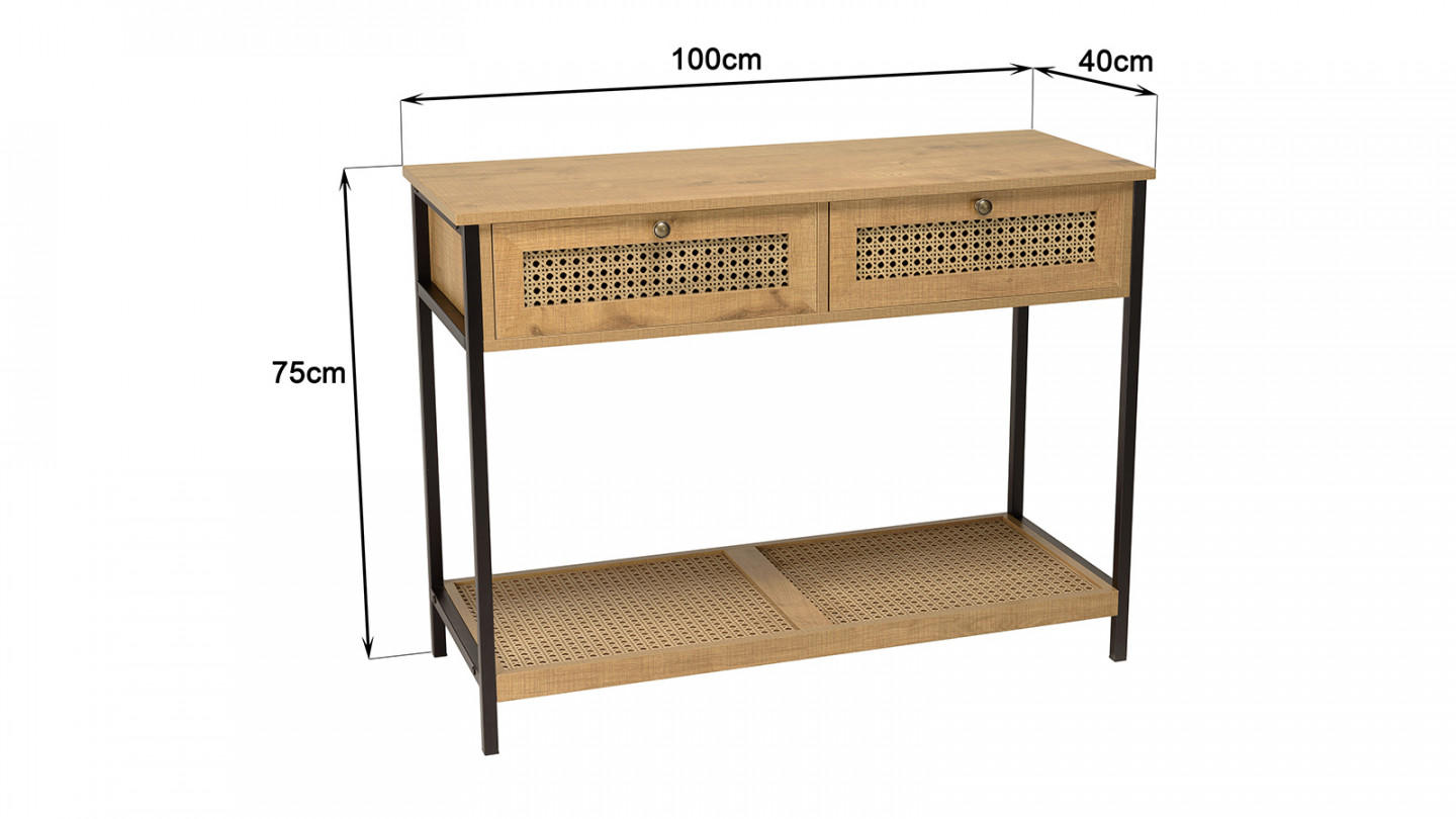 Console marron 2 tiroirs 1 étagère effet cannage pieds métal CHARLIE