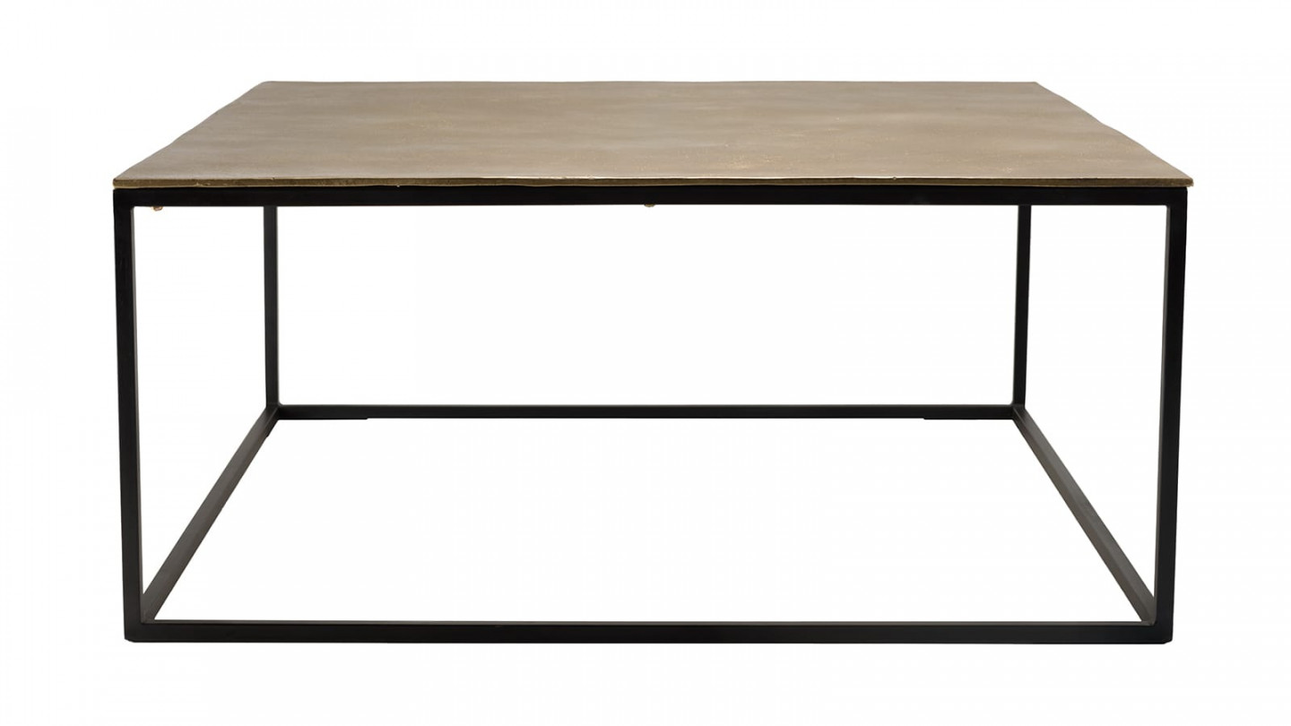 Table basse carrée 90x90cm aluminium doré et noir pieds métal - Johan