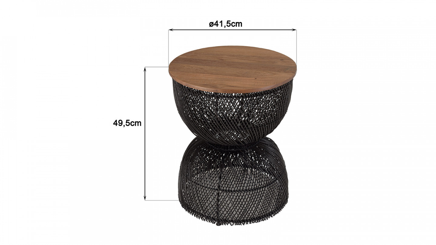 Table d'appoint en rotin noir plateau en bois de teck recyclé SIXTINE