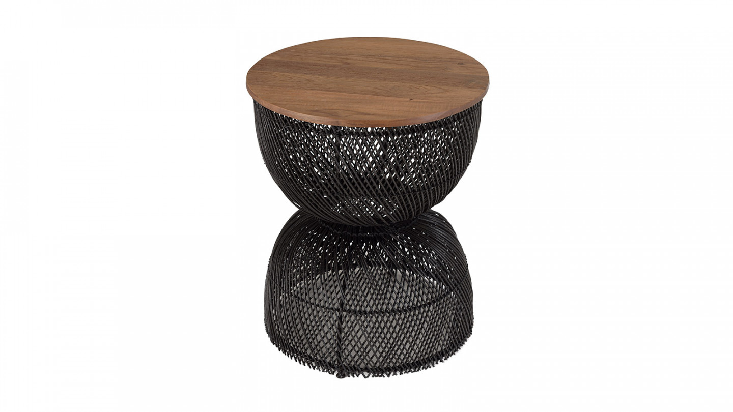 Table d'appoint en rotin noir plateau en bois de teck recyclé SIXTINE