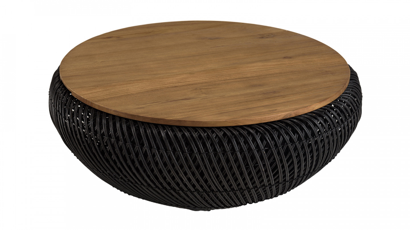 Table basse ronde 80x80cm en rotin noir plateau amovible - Sixtine