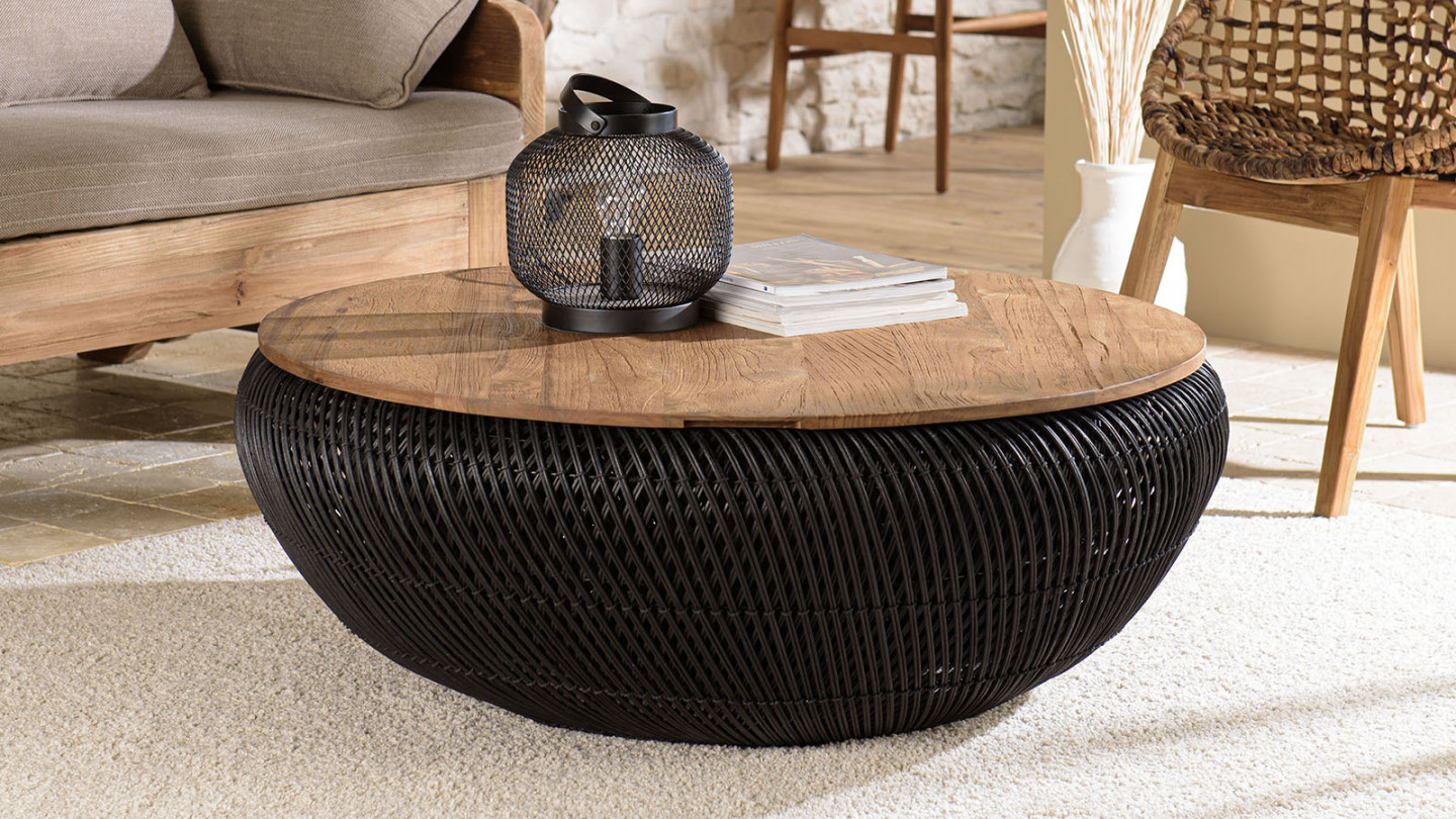 Table basse ronde 100x100cm en rotin noir plateau amovible - Sixtine