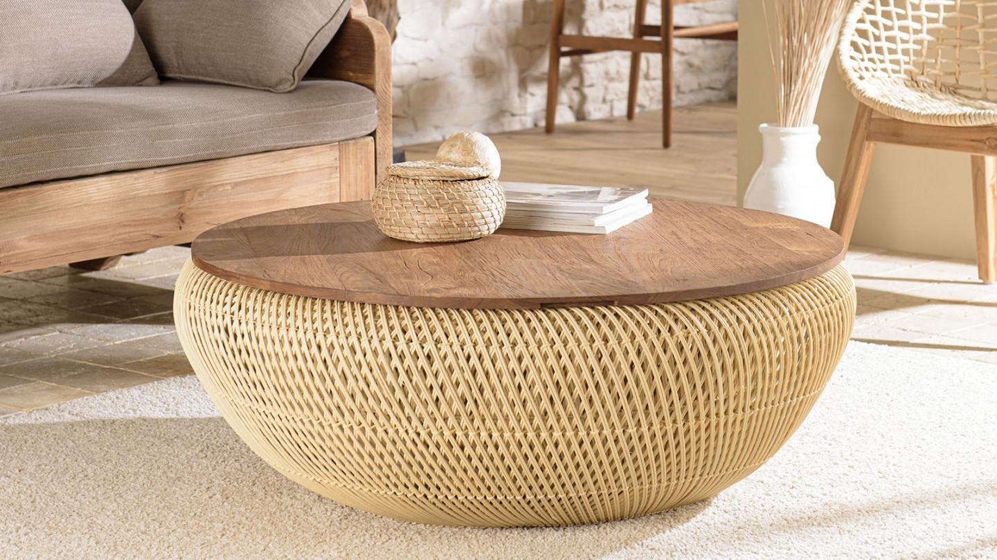 Table basse ronde 100x100cm en rotin beige plateau amovible - Sixtine