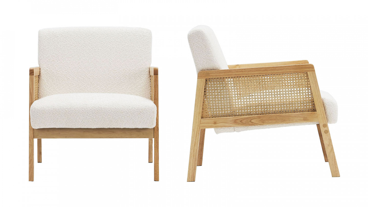 Fauteuil rotin et tissu bouclé écru - Mani Fauteuil rotin et tissu bouclé écru - Mani