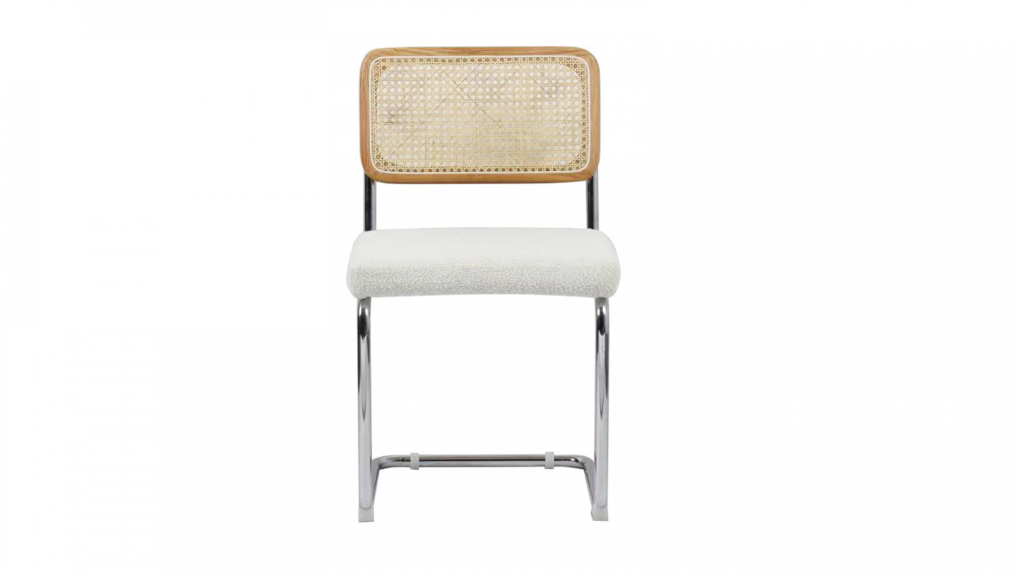 Lot de 2 chaises en rotin, tissu bouclé écru et métal chromé - Muse