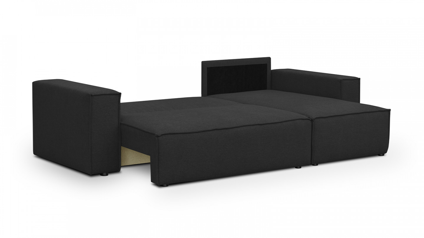 Canapé d'angle convertible réversible 4 places avec coffre de rangement en tissu noir - Livia New