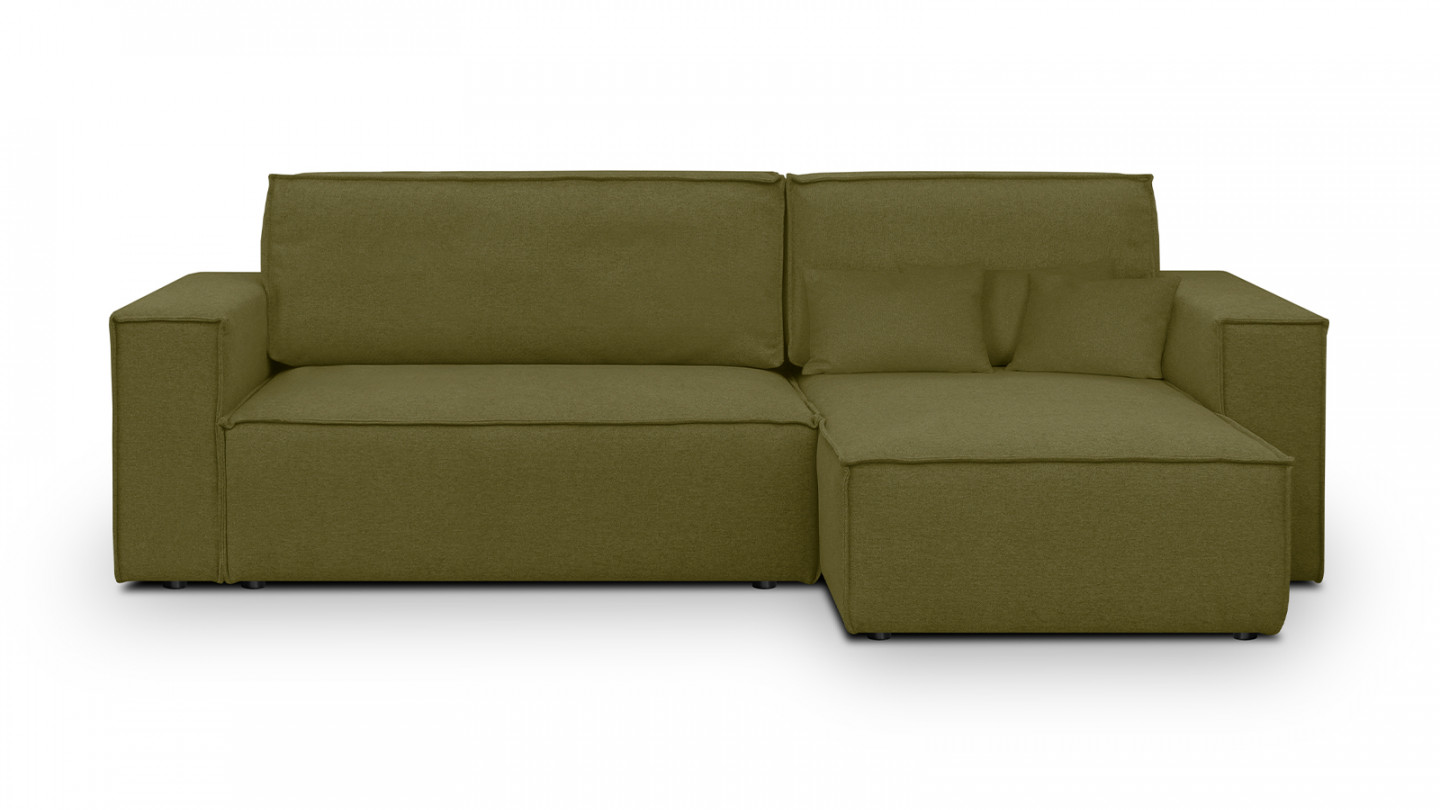 Canapé d'angle convertible réversible 4 places avec coffre de rangement en tissu vert olive - Livia New