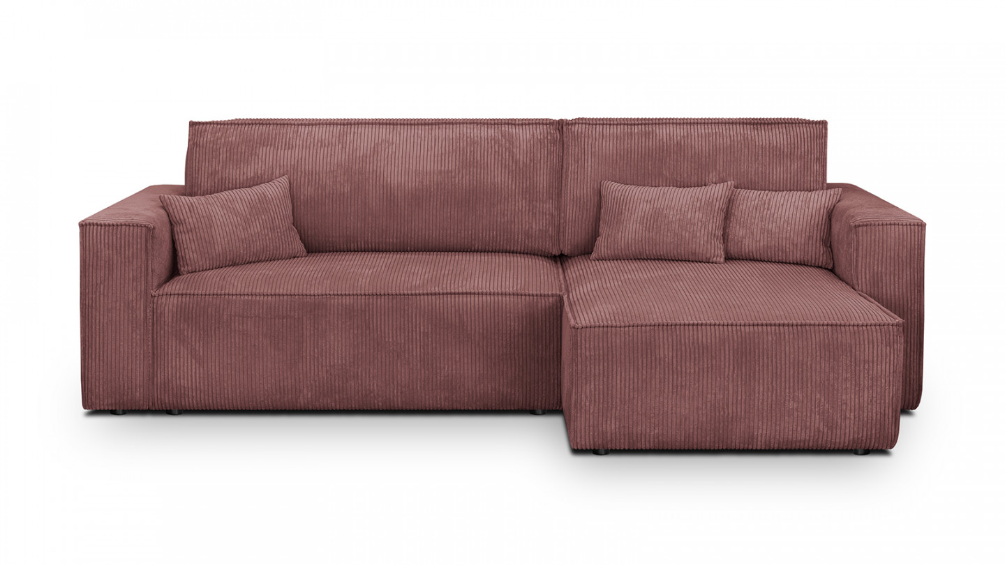 Canapé d'angle convertible réversible 4 places avec coffre de rangement en velours côtelé vieux rose - Livia