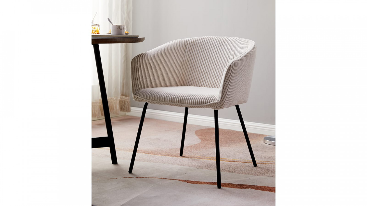 Lot de 2 fauteuils en velours côtelé beige, piètement noir - Swann