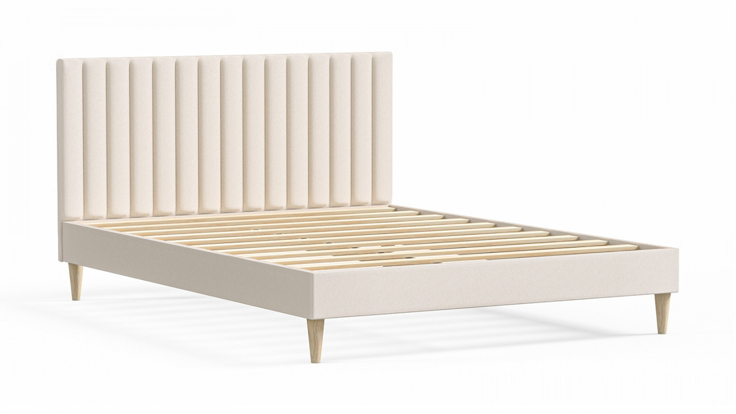 Lit adulte 160x200 en velours beige avec tête de lit matelassée - Eliot