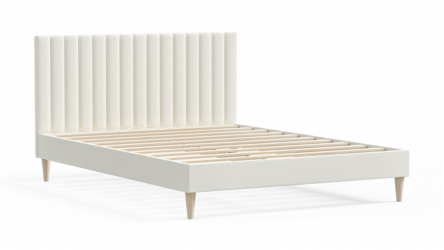 Lit adulte 140x190 en tissu bouclé écru avec tête de lit matelassée - Eliot