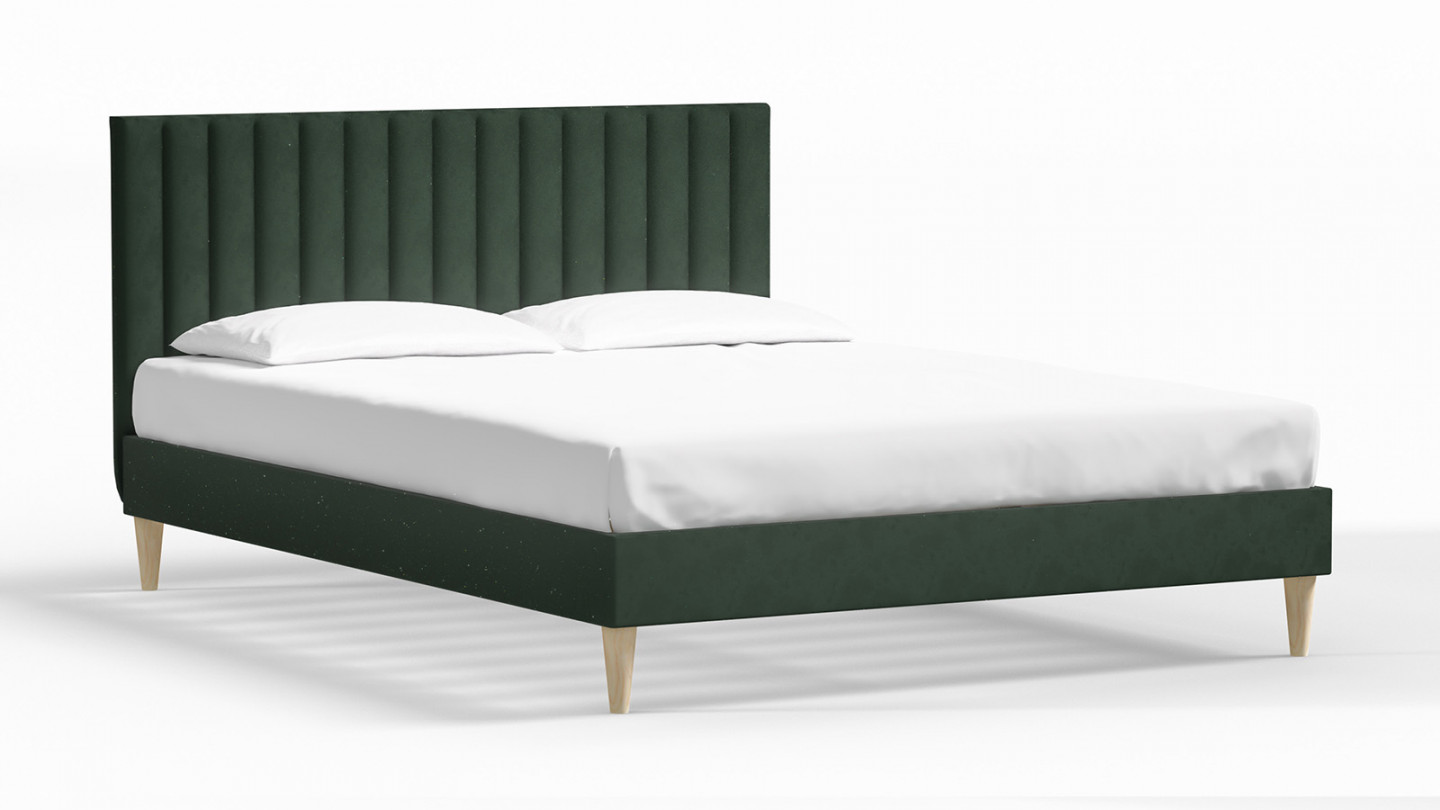 Lit adulte 140x190 en velours vert avec tête de lit matelassée - Eliot