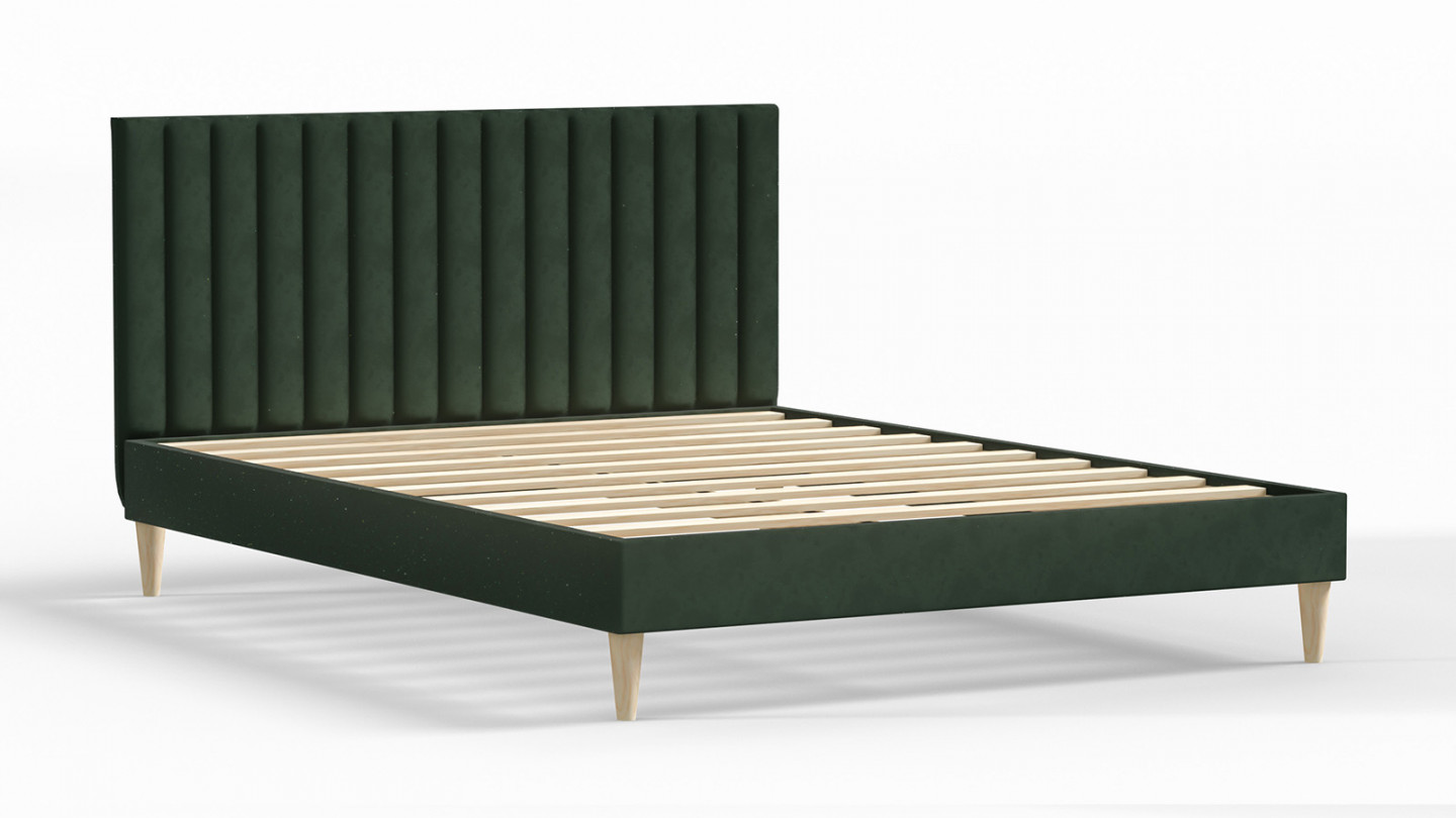 Lit adulte 160x200 en velours vert avec tête de lit matelassée - Eliot