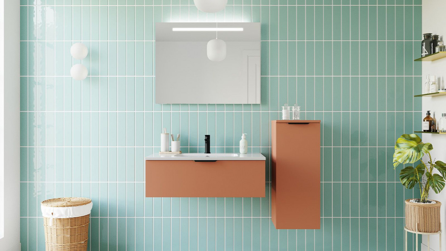 Meuble de salle de bains 90 cm Terracotta - 1 tiroir - simple vasque + miroir + demi-colonne ouverture à droite - Loft