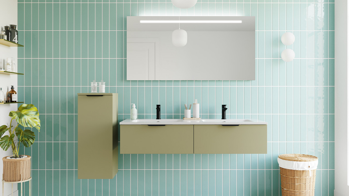 Meuble de salle de bains 140 cm Olive - 2 tiroirs - double vasque + miroir - Loft