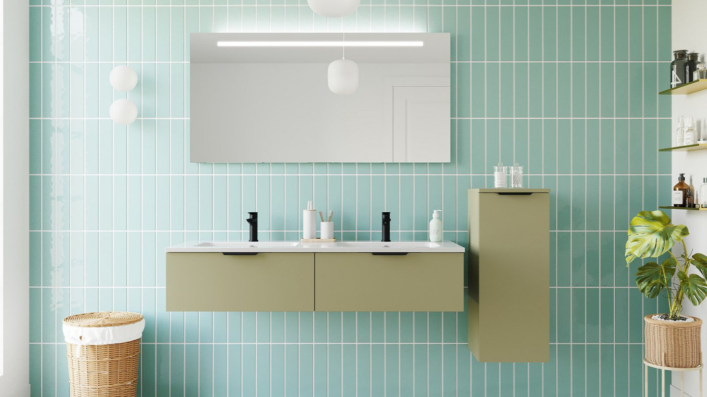 Meuble de salle de bains 140 cm Olive - 2 tiroirs - double vasque + miroir + demi-colonne ouverture à droite - Loft