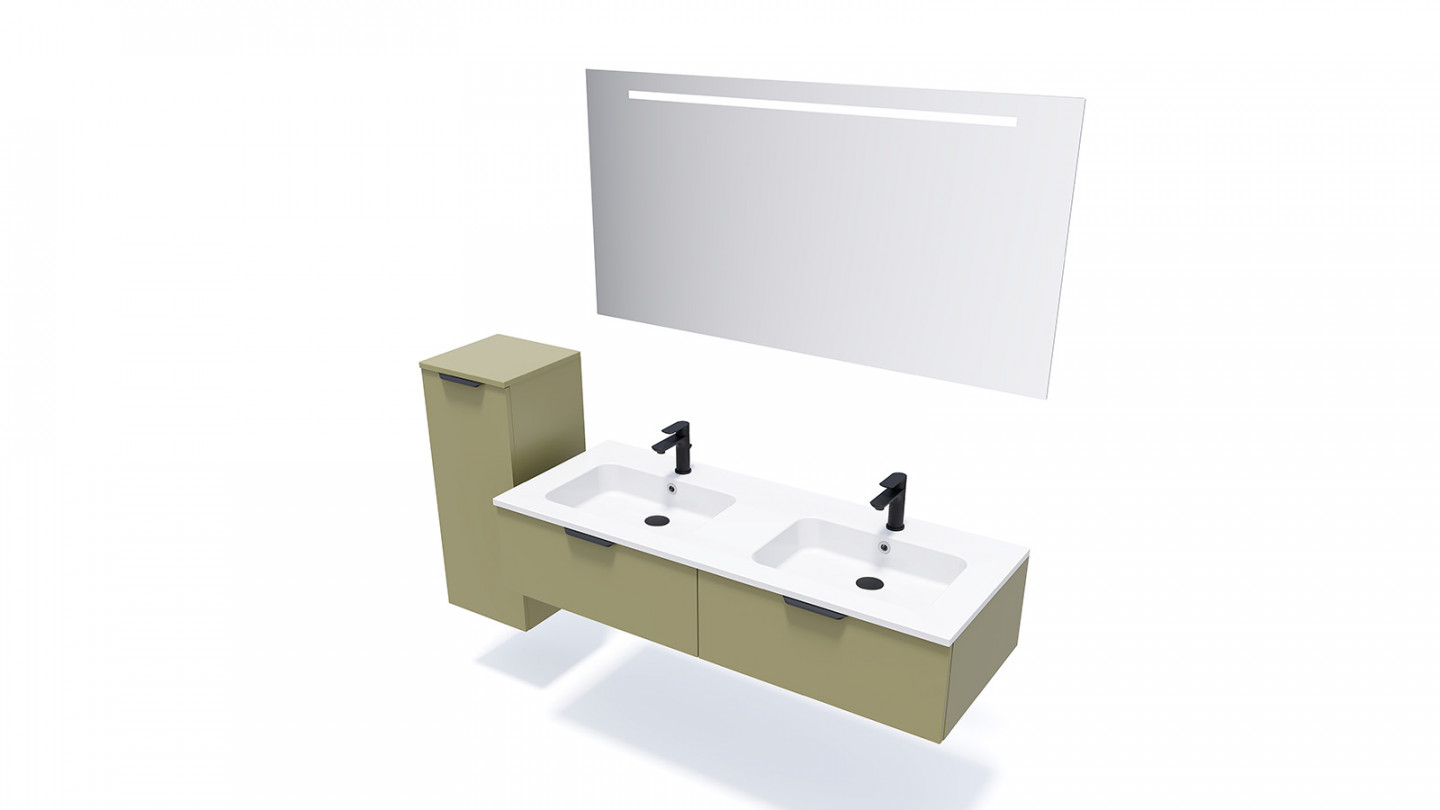 Meuble de salle de bains 140 cm Olive - 2 tiroirs - double vasque + miroir + demi-colonne ouverture à gauche - Loft