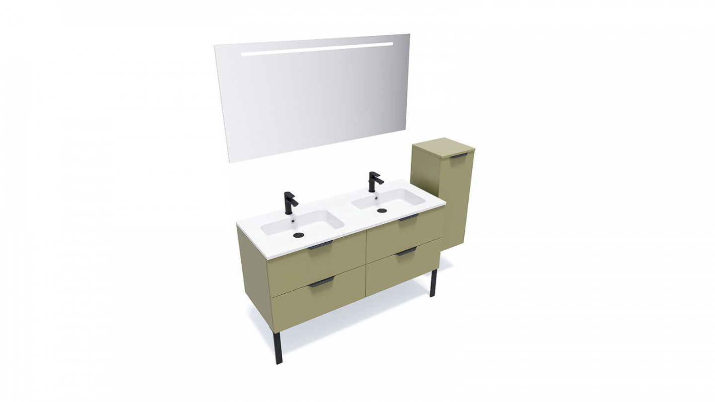 Meuble de salle de bains 140 cm Olive - 4 tiroirs - double vasque + miroir + demi-colonne ouverture à droite - Loft