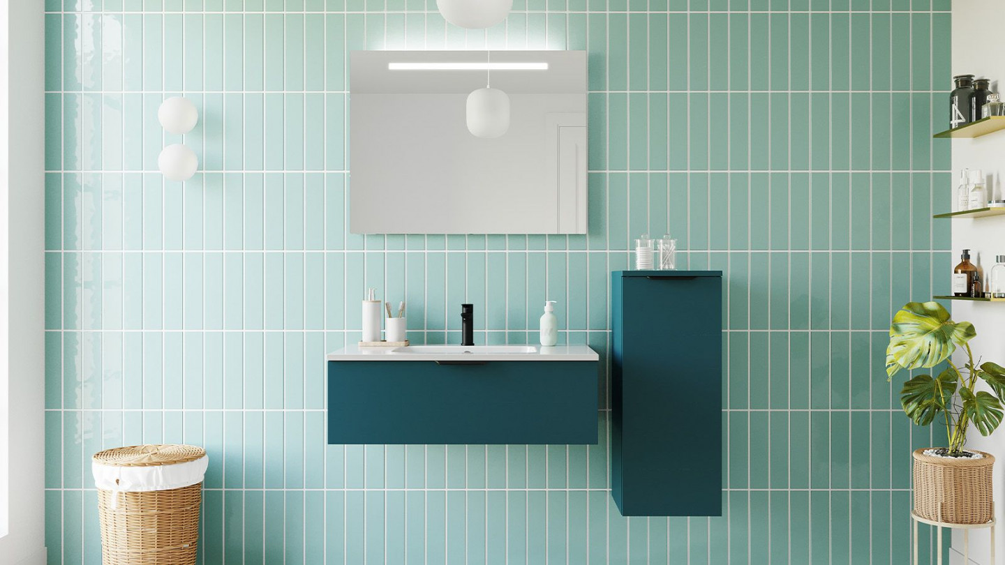 Meuble de salle de bains 90 cm Tropical - 1 tiroir - simple vasque + miroir + demi-colonne ouverture à droite - Loft
