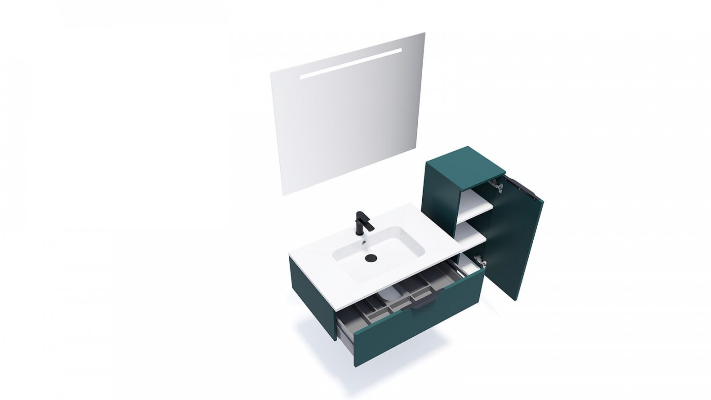 Meuble de salle de bains 90 cm Tropical - 1 tiroir - simple vasque + miroir + demi-colonne ouverture à droite - Loft
