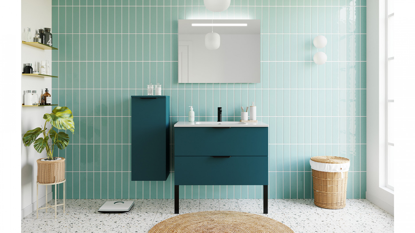 Meuble de salle de bains 90 cm Tropical - 2 tiroirs - simple vasque + miroir - Loft