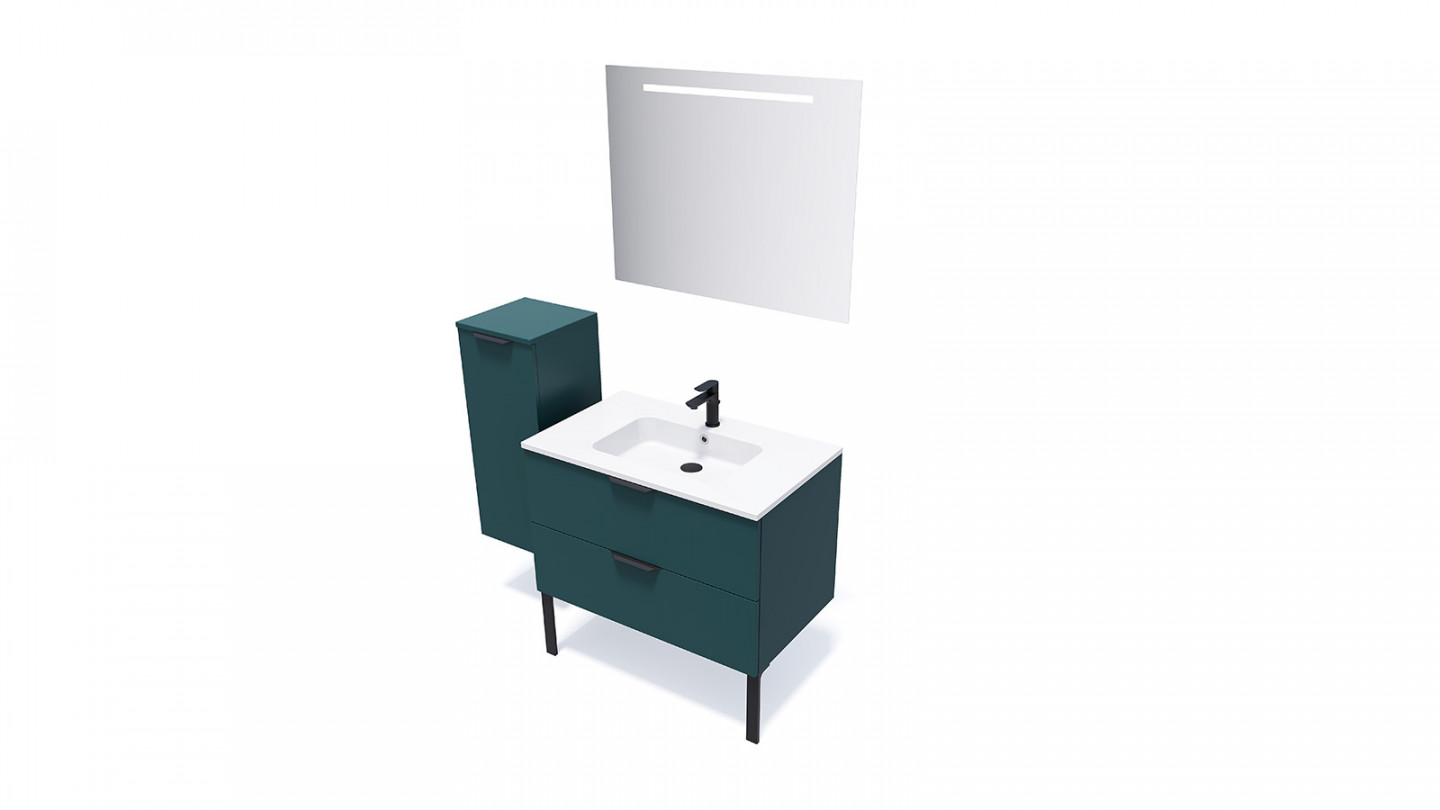 Meuble de salle de bains 90 cm Tropical - 2 tiroirs - simple vasque + miroir + demi-colonne ouverture à gauche - Loft