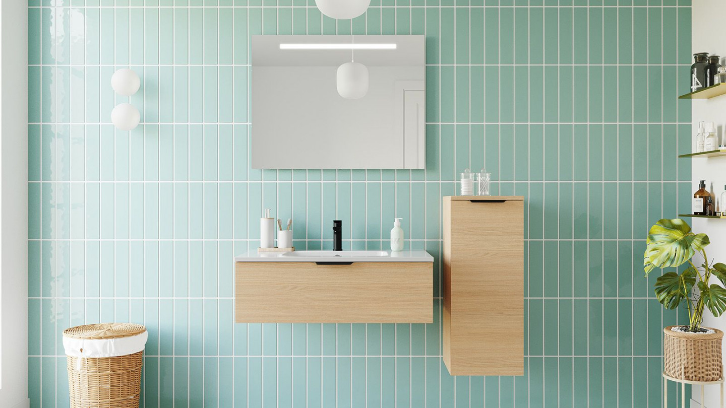 Meuble de salle de bains 90 cm Chêne clair - 1 tiroir - simple vasque + miroir + demi-colonne ouverture à droite - Loft