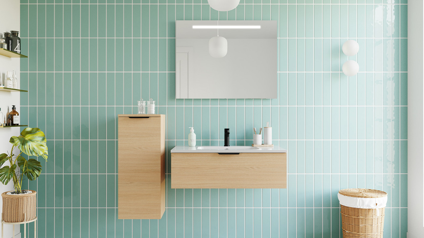 Meuble de salle de bains 90 cm Chêne clair - 1 tiroir - simple vasque + miroir + demi-colonne ouverture à gauche - Loft