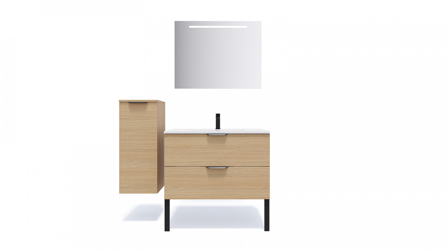 Meuble de salle de bains 90 cm Chêne clair - 2 tiroirs - simple vasque - Loft