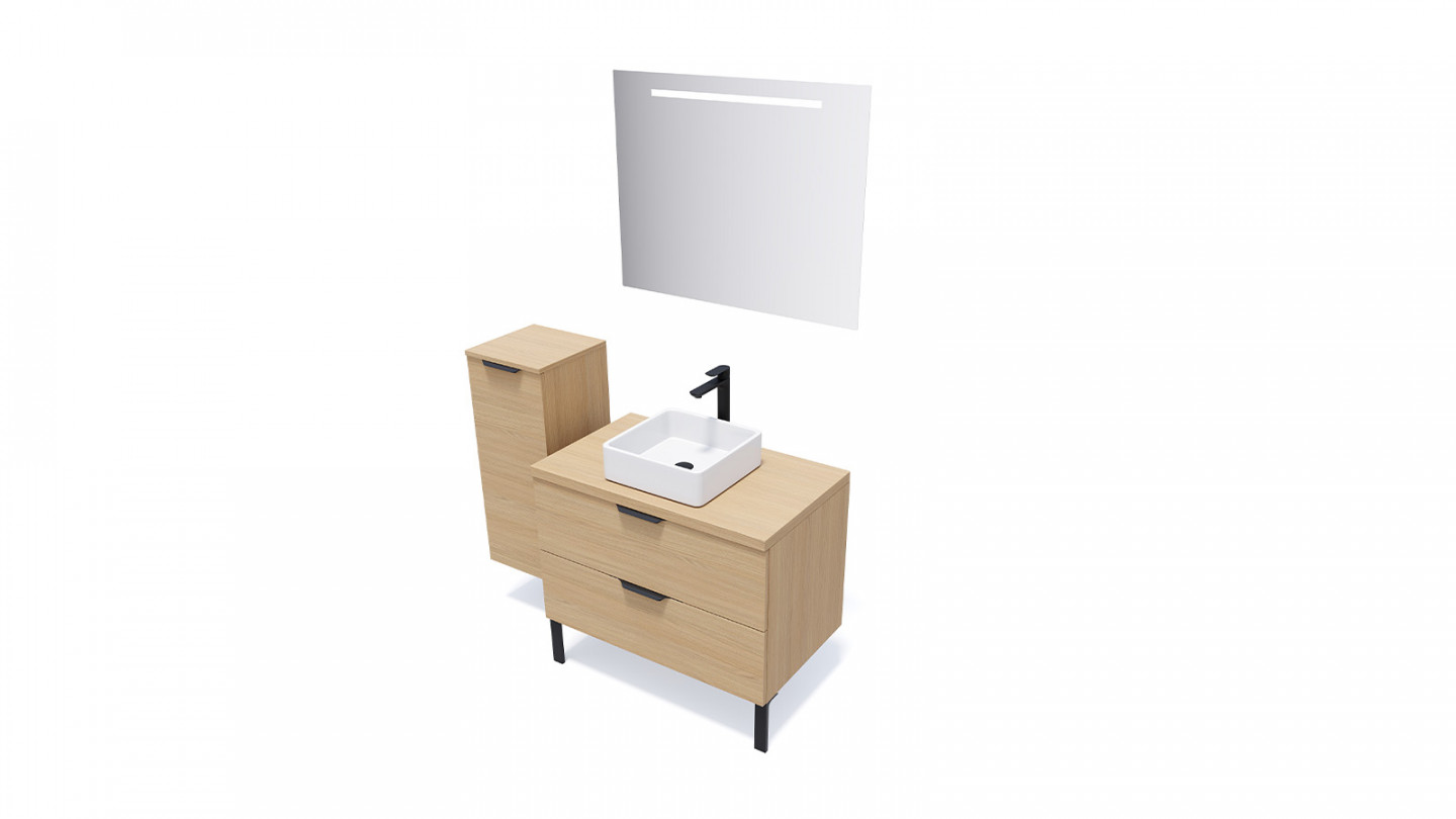 Meuble de salle de bains 90 cm Chêne clair - 2 tiroirs - vasque carrée + miroir + demi-colonne ouverture à gauche - Loft