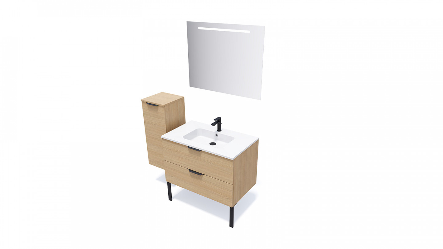 Meuble de salle de bains 90 cm Chêne clair - 2 tiroirs - simple vasque + miroir + demi-colonne ouverture à gauche - Loft
