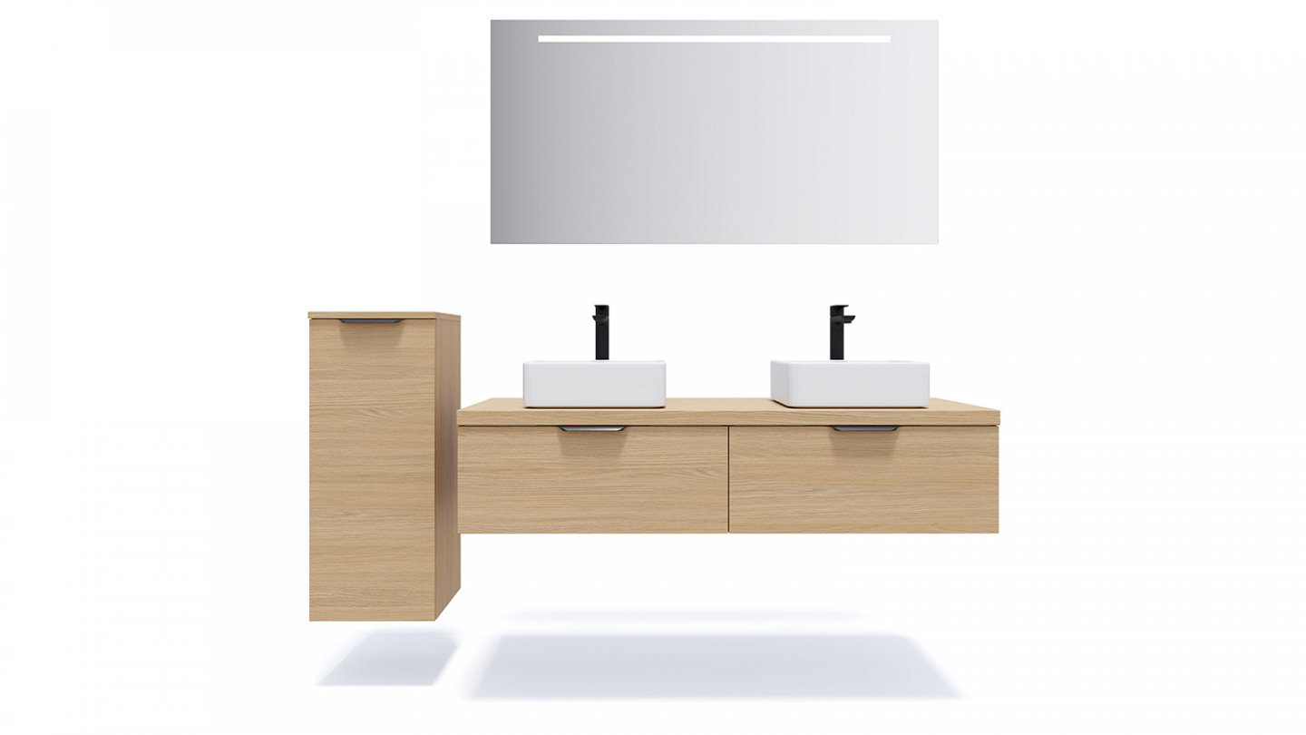Meuble de salle de bains 140 cm Chêne clair - 2 tiroirs - 2 vasques carrées - Loft