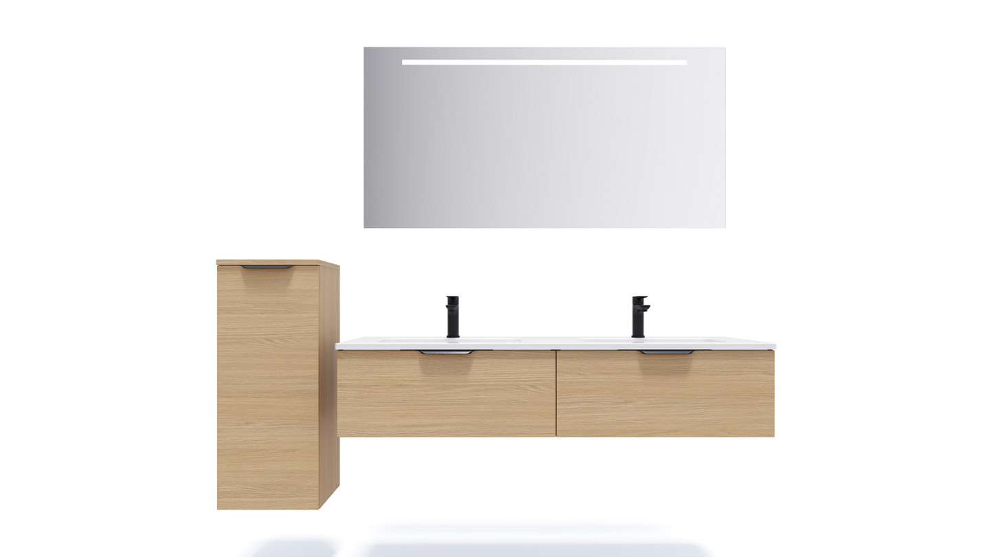 Meuble de salle de bains 140 cm Chêne clair - 2 tiroirs - double vasque - Loft