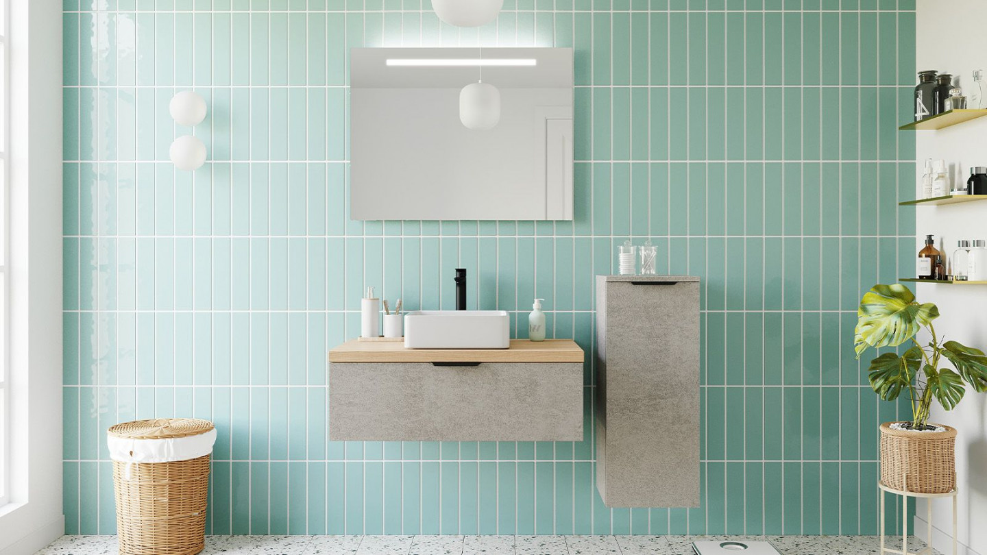 Meuble de salle de bains 90 cm Béton taloché - 1 tiroir - vasque carrée + miroir + demi-colonne ouverture à droite - Loft