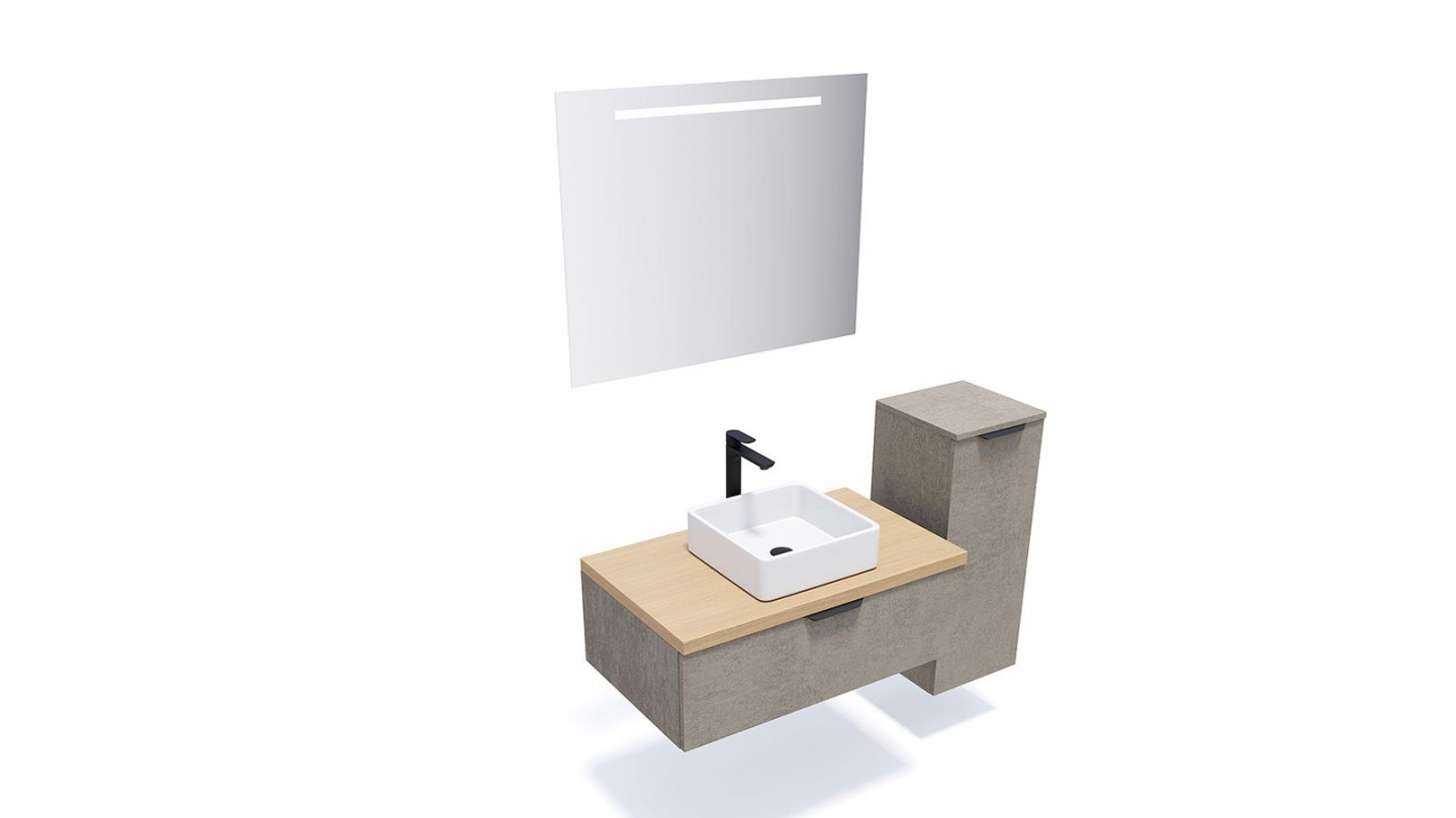 Meuble de salle de bains 90 cm Béton taloché - 1 tiroir - vasque carrée + miroir + demi-colonne ouverture à droite - Loft