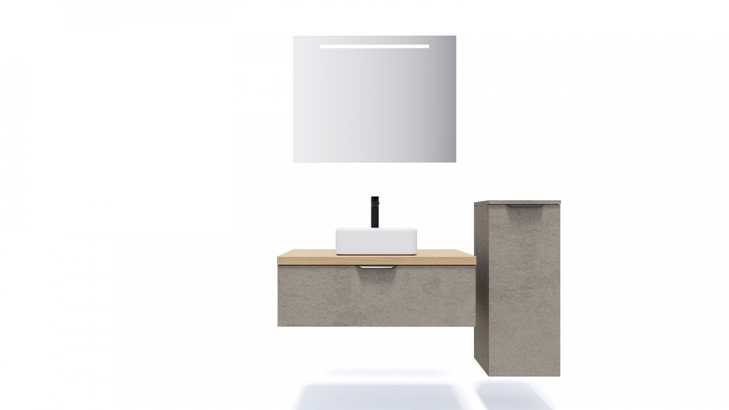 Meuble de salle de bains 90 cm Béton taloché - 1 tiroir - vasque carrée + miroir + demi-colonne ouverture à droite - Loft