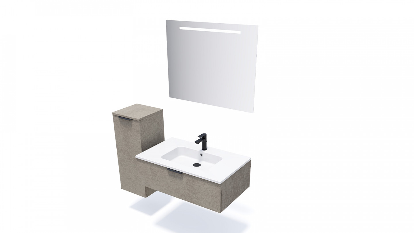 Meuble de salle de bains 90 cm Béton taloché - 1 tiroir - simple vasque + miroir + demi-colonne ouverture à gauche - Loft