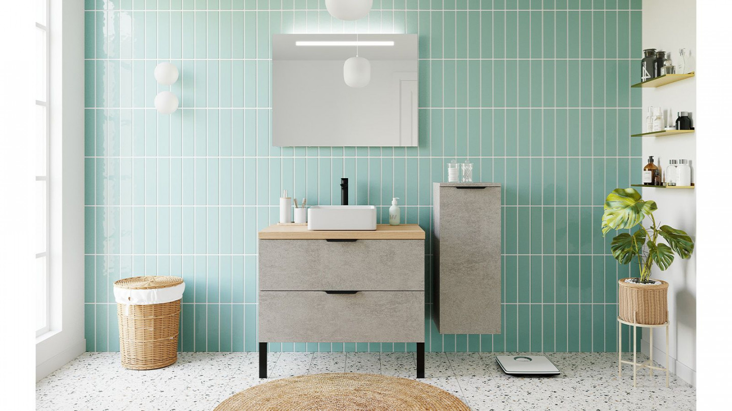 Meuble de salle de bains 90 cm Béton taloché - 2 tiroirs - vasque carrée + miroir + demi-colonne ouverture à droite - Loft