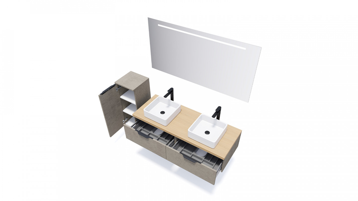Meuble de salle de bains 140 cm Béton taloché - 2 tiroirs - 2 vasques carrées + miroir + demi-colonne ouverture à gauche - Loft
