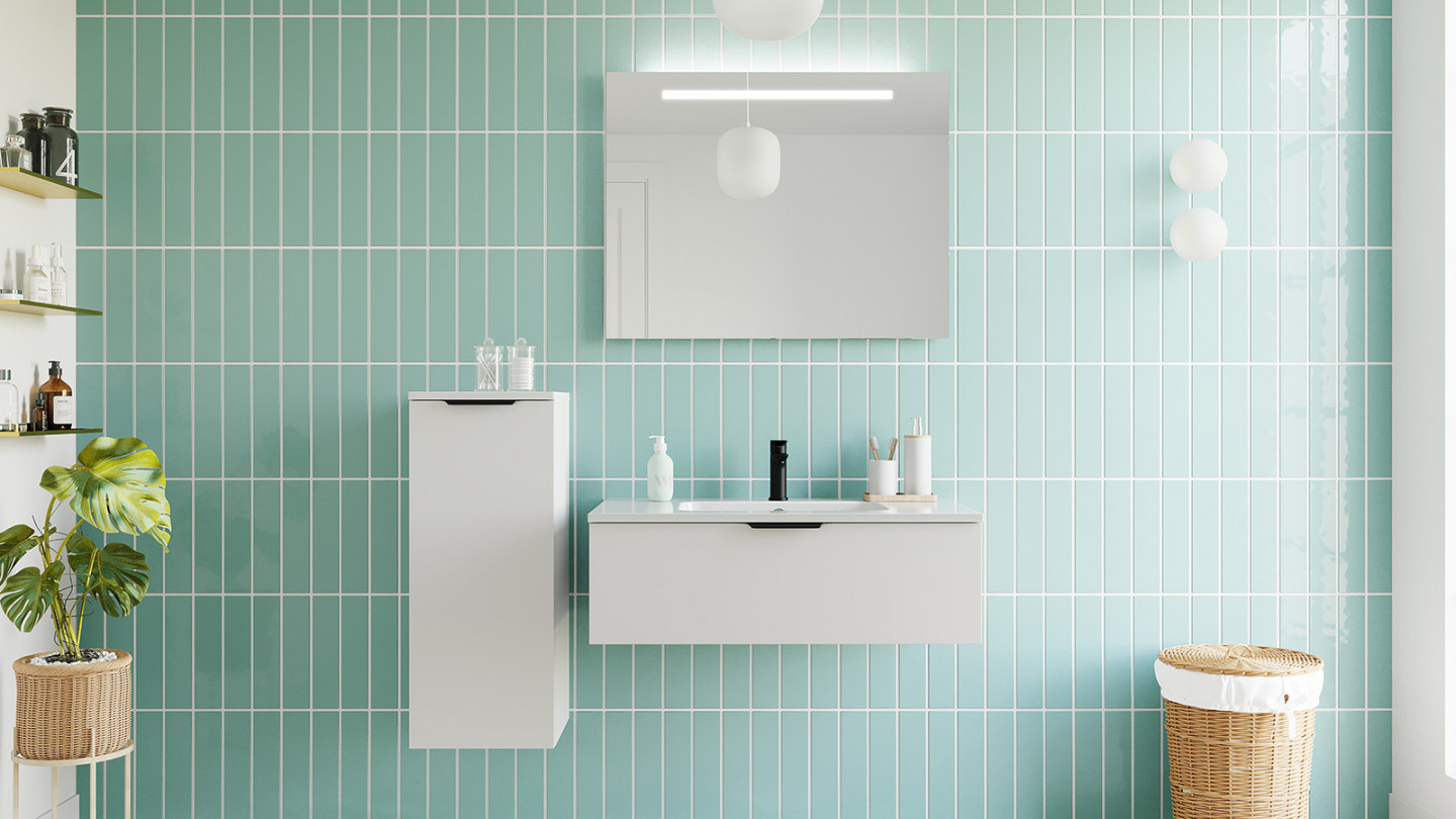 Meuble de salle de bains 90 cm Opale blanc - 1 tiroir - simple vasque + miroir - Loft